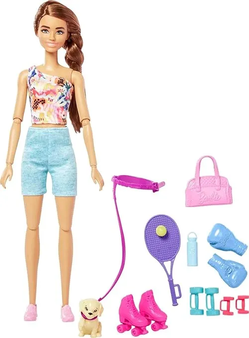 Barbie Self-Care Doll, Brunette Posable Workout Doll with Puppy & Accessories Including Roller Skates & Tennis Rackets