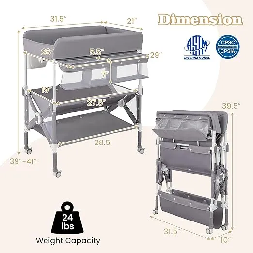 BABY JOY Portable Baby Changing Table, Foldable Waterproof Diaper Changing Station w/Wheels, Adjustable Height, Storage Basket, Shelves & Trash Bin, Mobile Nursery Organizer for Newborn Infant, Gray
