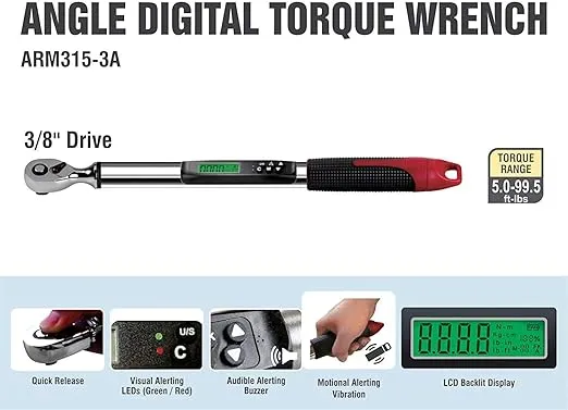 ACDelco Tools ARM315-3A 3/8 Inch Heavy Duty Angle Digital Torque Wrench with LED Flash Notification - ISO 6001 Standards with Certificate of Calibration