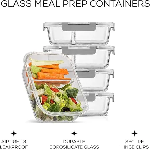 JoyJolt Divided Food Storage Containers with Lids Airtight. 5 Pack Glass Meal Prep Containers 2 Compartment Set Glass Bento Box. Reusable Food Containers, Portion Control Containers for Weight Loss