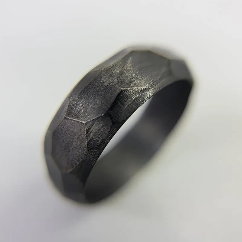 Handmade Ring Band - Men's or Women's Full Carbon Fiber Faceted/Hammered Ring, Matte Finish, Durable, Scratch Resistant, Waterproof, Sizes 4-16, Custom Band Widths