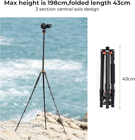K&F Concept 78 inch/198cm Camera Tripod,3 Sections Central Axis Travel Tripod with 32mm Metal Ball Head Load Capacity 26.4 lbs/12KG for DSLR Cameras Indoor Outdoor Use