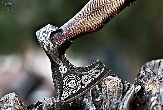 Custom Gift Forged Carbon Steel Viking Axe with Ash Wood Shaft, Viking Camping Axe & Hatchet OHM-0121, Beautiful Gift for Father, Brother or for Him (Valknut Axe)