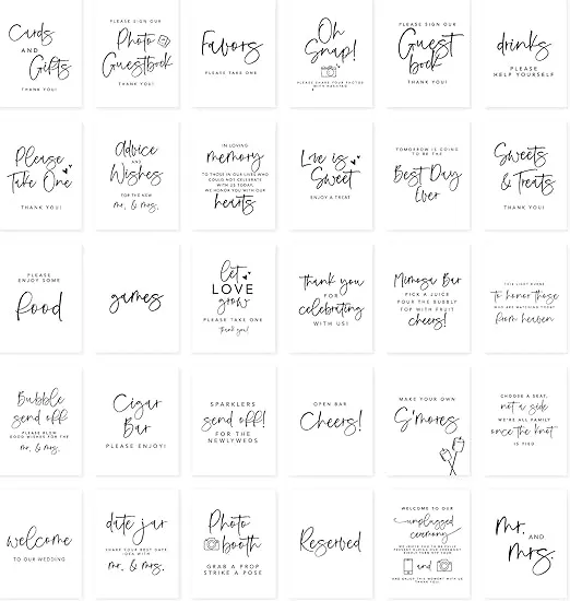 Andaz Press Brush Script Wedding Signs Bundle Set for Ceremony, Reception Decor Signage, Includes Cards and Gifts, Reserved, Mr. & Mrs., Memorial, Guestbook, Favors Signs, 8.5 x 11, 30-Bulk Pack
