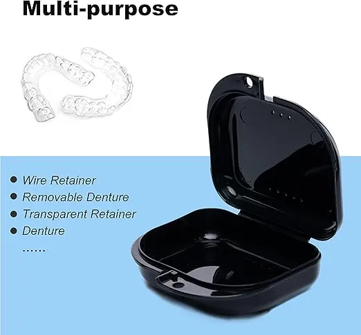 Retainer Case with Vent Holes, 6 Pcs Denture Case, Tight Snap Lock Orthodontic Mouth Guard Case， Black, White, Yellow, Light Purple, Pink and Blue, Easy to Use