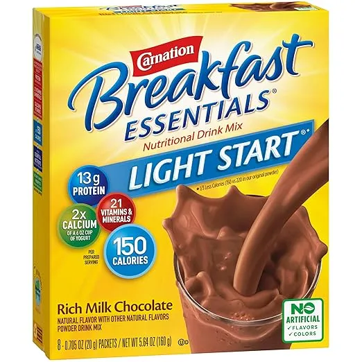 Carnation Breakfast Essentials Light Start Powder Drink Mix, Rich Milk Chocolate, 8 Count Box of Packets (Packaging May Vary)