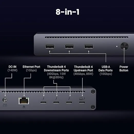 UGREEN Revodok Max 208 Thunderbolt 4 Dock 8-in-1 40Gbps Thunderbolt 4 Hub 3 x Thunderbolt 4 Dual 4K@60Hz or Single 8K Display, 85W Charging, Gigabit Ethernet, 3 x USB A 3.2 for Mac M1/M2/M3/M4 Pro/Max