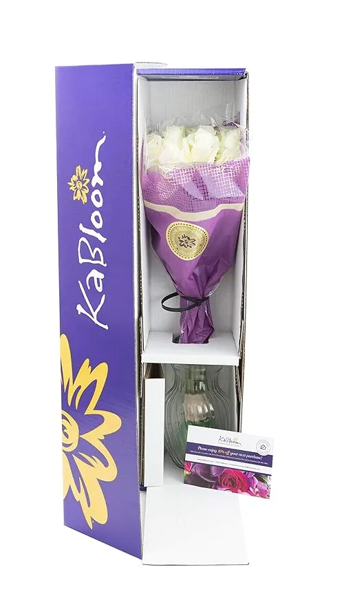 Bouquet of 12 Fresh White Roses (Farm-Fresh, Long-Stem) with Vase - Holidays Collection - KaBloom Prime Next Day - Gift for Birthday, Sympathy,Valentine, Mother’s Day Fresh Flowers