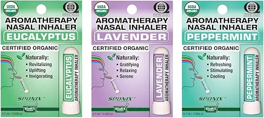 Aromatherapy Nasal Inhaler Pack of 3 Made with Organic Essential Oil - Eucalyptus, Lavender and Peppermint - 0.7 mL by Sponix