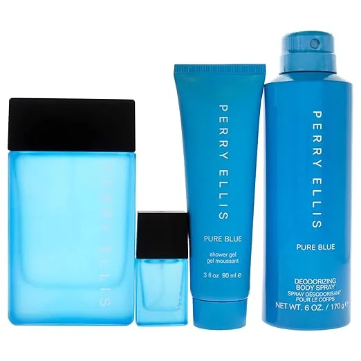 Perry Ellis Perry Ellis Pure Blue 3.4oz EDT Spray, 3oz Shower Gel, 6oz Deodorant Body Spray, 7.5ml Travel EDT Spray Men 4 Pc Gift Set