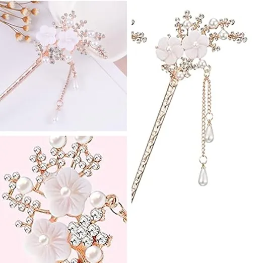 Rhinestone Pearl Flower Hair Stick, 2PC Chinese Tassel Hairpins, Vintage Crystal Pearl Hair Stick Headdress, Pearl Tassel Hair Stick Chinese Style Hairpin for Women