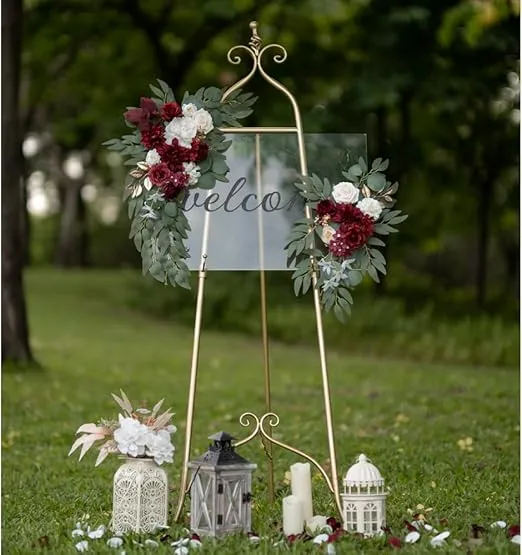 Artificial Flower Swag Wedding Arch Flowers Set of 2 Rose Flower Swag Arrangements for Wedding Party Welcome Ceremony Sign and Reception Backdrop Floral Decoration (Wine red)