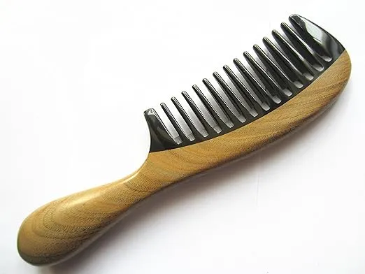 Gb-yb-mt Wide Tooth Handmade No Static Black Buffalo Horn Comb with Green Sandalwood Handle (Rounded)