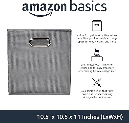 Amazon Basics Collapsible Cube Storage Organizer Bins, 6-Pack, 10.5 x 10.5 x 11 inches, Light Grey
