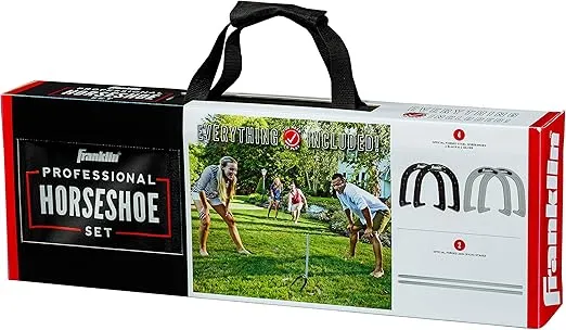 Franklin Sports Horseshoes Sets - Metal Horseshoe Game Sets for Adults + Kids - Official Weight Steel Horseshoes - Beach + Lawn Horseshoes Sets - Sets Include (4) Horseshoes and (2) Ground Stakes
