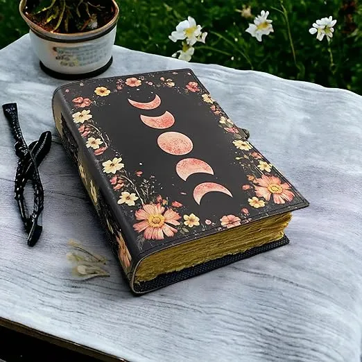 Blank Spell Book of Shadows Journal with Lock Clasp Handmade Vintage Moon Phase Print Diary Leather Journal Prayer Pagan Witchcraft Supplies Wiccan Decor Notebook Size 7x5 inches (Flower Moon, 7x5)