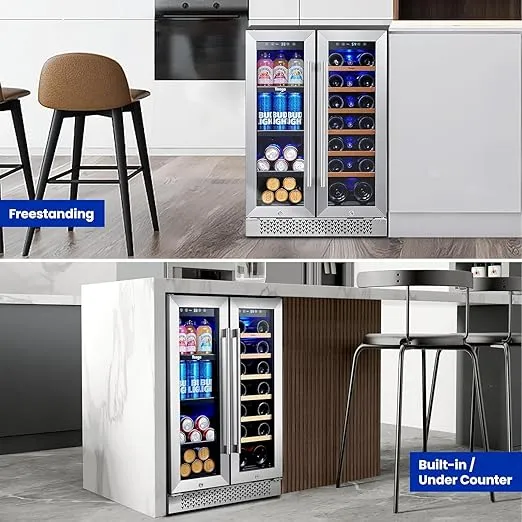 Yeego Wine and Beverage Refrigerator 24", Dual Zone Beverage Cooler Wine Fridge with Upgrade Quiet Cooling, Anti-UV Glass Door, 20 Bottles & 60 Cans Large Capacity, Built-in/Freestanding/Undercounter