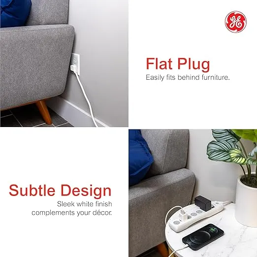 GE 6-Outlet Surge Protector, 4 Ft Extension Cord, Power Strip, 800 Joules, Flat Plug, Twist-to-Close Safety Covers, Protected Indicator Light, UL Listed, White, 33658