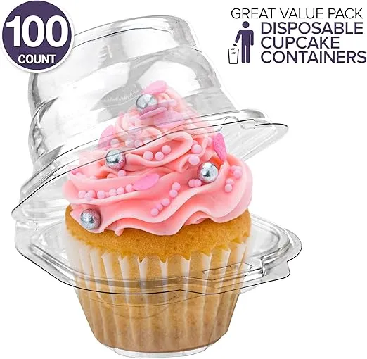 Stock Your Home Individual Plastic Cupcake Containers Disposable with Connected Airtight Dome Lid (100 Count) Clear Single Cupcake Container, BPA Free