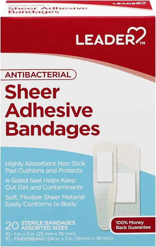 LEADER Sheer Adhesive Bandages, Packs ofBlends with Skin, Helps Prevent Infection, Long Lasting, Comfortable Protection for First Aid and Wound Care, Compare to Band-Aid, Assorted Sizes, 20 ct.