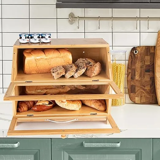 Double Layer Bamboo Bread Box for Kitchen Countertop, Cutting Board, and Stainless Steel Bread Knife, Large Capacity Storage Container with Clear Windows (Self-Assembly)