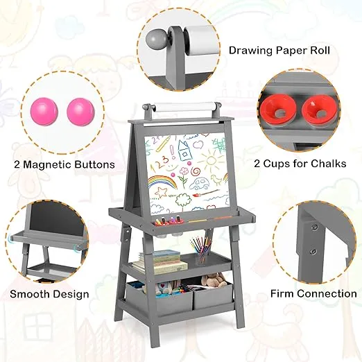 Art Easel for Kids, 3 in 1 Wooden Toddler Easel w/Magnetic Whiteboard, Chalkboard & Paper Roll, Painting Easel with 2 Shelves and 2 Storage Bins, Standing Easel for Boys Girls, Gray