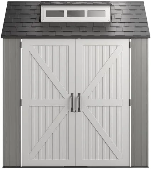 Rubbermaid Resin Outdoor Storage Shed With Floor (7 x 7 Ft), Weather Resistant, Gray, Organization for Home/Backyard/Garden Tools/Lawn Mower/Bike Storage/Pool Supplies