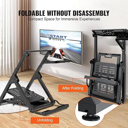 VEVOR Foldable Racing Steering Wheel Stand, Height Adjustable Universal Base Compatible with Mainstream Brands Racing Wheel and Pedal, Movable Wheels Heavy-duty Frame Standard GT/Formula Seating