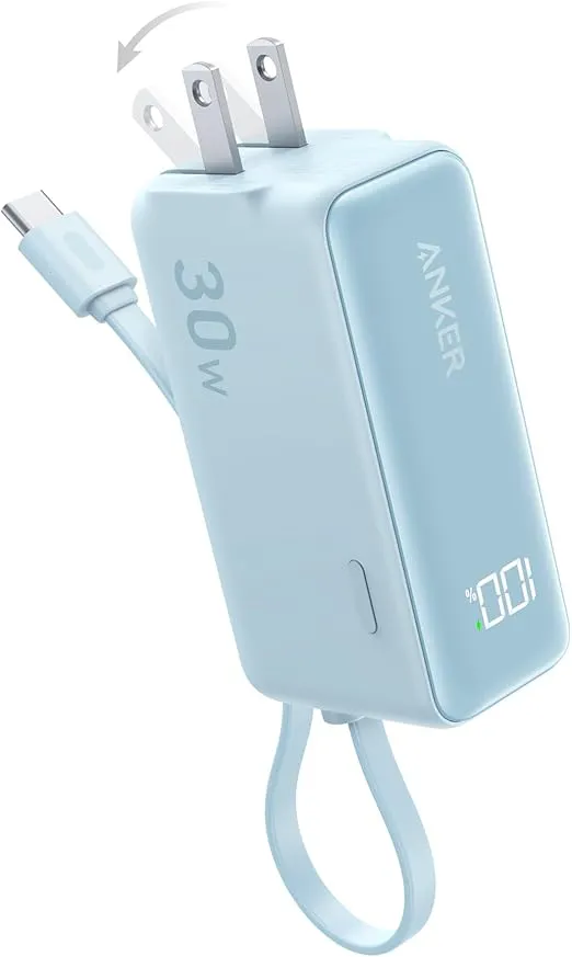Anker Power Bank USB C Charger Block, 3-in-1 5,000mAh Portable Charger with Built-in USB-C Cable and Foldable AC Plug, 30W Max Compact Battery Pack, for iPhone 15 Series, Galaxy, MacBook, and More