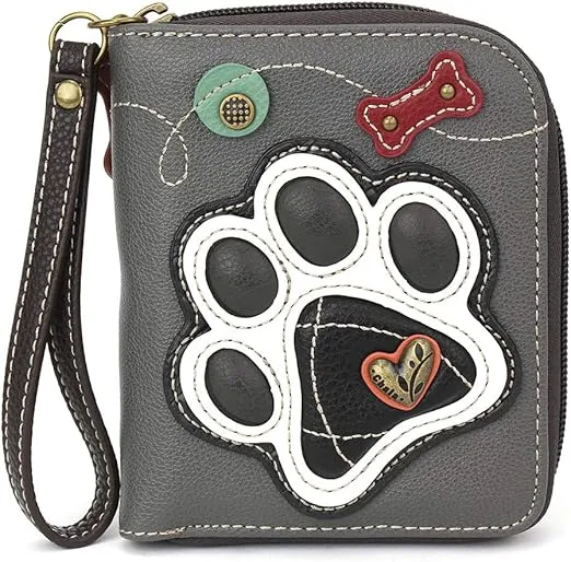 CHALA Zip Around Wallet, Wristlet, 8 Credit Card Slots, Sturdy Pu Leather - B&W Paw Print - Gray