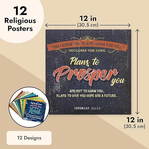 Bright Creations 12 Pack Christian Motivational Bible Verse Posters - 12x12 Religious Inspirational Scripture Wall Art for Classroom School Church Decoration