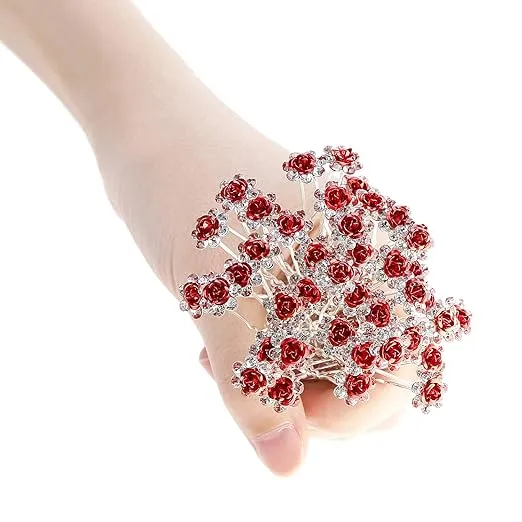 BETITETO 40 Pcs U-Shaped Flower Rhinestone Hair Pins Crystal Hair Accessories for Bridal Wedding Party Girls' Sweet Sixteen (Red)