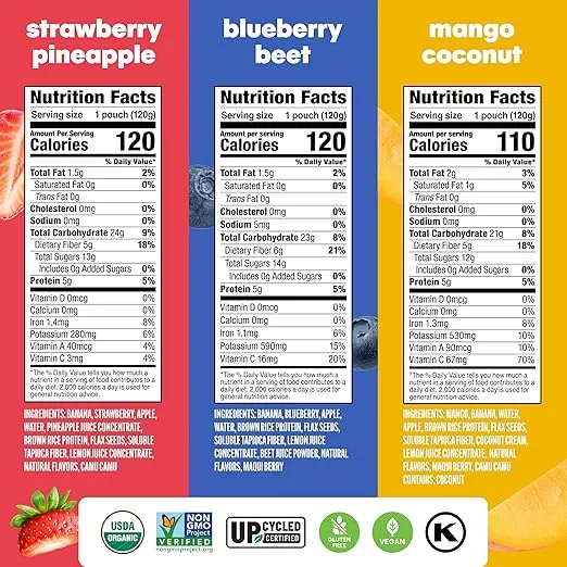 Noka Superfood Fruit Smoothie Pouches Variety Pack, Healthy Snacks with Flax Seed, Plant Protein and Prebiotic Fiber, Vegan and Gluten Free Snacks, Organic Squeeze Pouch, 4.22 oz, 6 Count