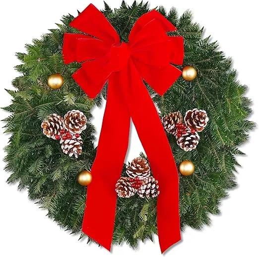 24" inch Diameter Fresh Live Maine Balsam Holiday Real Wreath Decorated with Red Velvet Bow