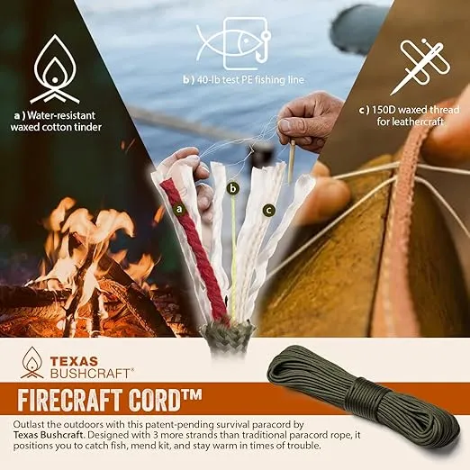 Texas Bushcraft Firecraft Cord Survival Bracelet – Paracord Bracelet with Bow Shackle for Camping and Emergency – 3 Extra Strands Include Wax Thread, Tinder, and Fishing Line