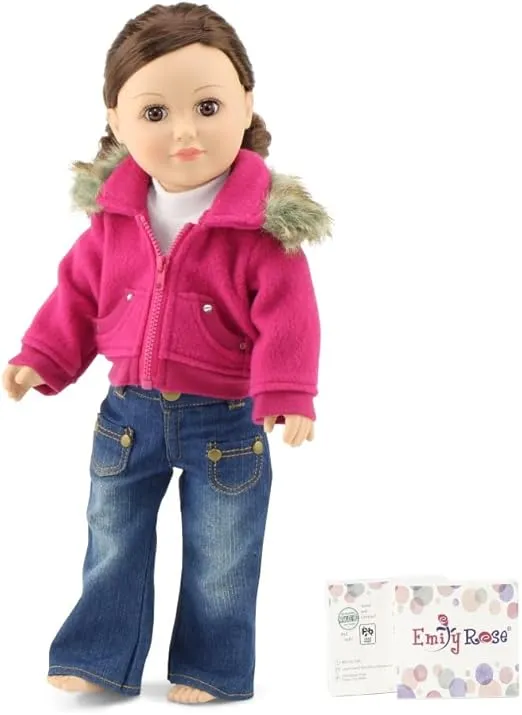 Emily Rose 18 Inch Doll Clothes | 18" Doll 3-PC Faux Fur CollarJacket Outfit with White T-Shirt and Distressed Jeans | Compatible with 18" American Girl Dolls
