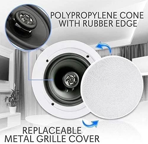 Pyle PDICBT852RD 8 Inch 250 Watt Bluetooth In Ceiling Wall 2 Way Flush Mount Home Indoor Stereo Speakers System Pair, White