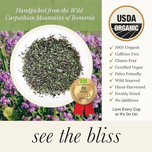 Wild Bliss Organic Wild Breckland Thyme Tea - Caffeine Free Loose Leaf Herbal Tea - Resipratory and Digestion Support - 1.76 Oz - 25 Servings
