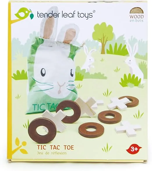 Tender Leaf Toys - Tic Tac Toe - Wooden Tic Tac Toe Game with Bunny Drawstring Bag - Travel Board Game for Kids and Adults - Age 3+