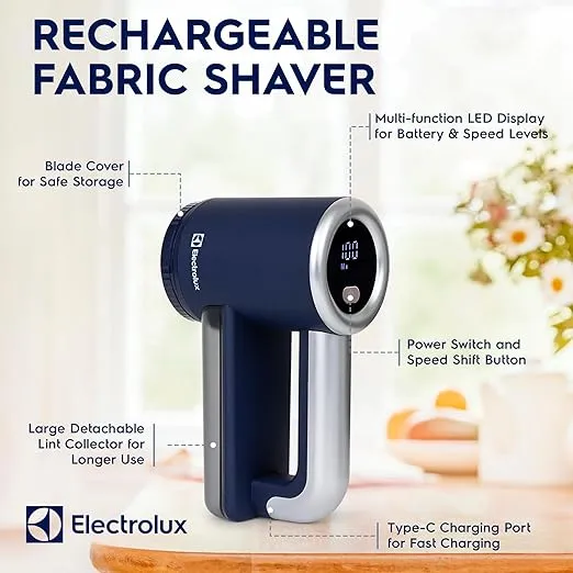 Electrolux Rechargeable Fabric Shaver & Lint Remover for Clothes, Furniture, Sofas, Blankets with LED Display, 3-Speed Portable Electric Pill Cutter - Removes Lint, Pill, & Fuzz - Black