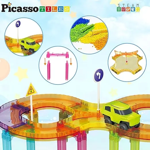 PicassoTiles Race Car Track Magnetic Tiles Travel Toy Sensory Magnet Tile Toys for Toddlers STEM Educational Learning Montessori Play Construction Building Blocks Kids Boys Girls Ages 3+ PTMR40