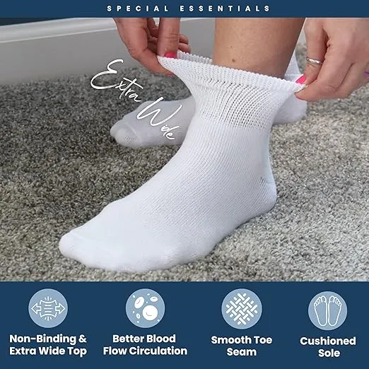Special Essentials 12 Pairs Cotton Diabetic Ankle Socks - Non-Binding With Extra Wide Top For Men and Women