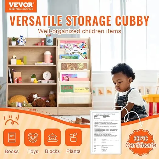 VEVOR Wooden Kids Bookshelf 4-Tier, Toy Storage Organizer for Toddler, Book Shelf for Kids Rooms with 6-Layer Sling Book Rack, Baby Book Storage Shelves for Kids Room, Playroom, Kindergarten, Nursery