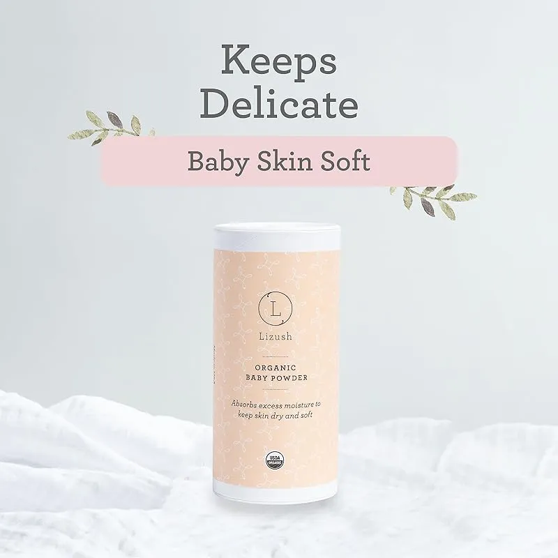 Lizush Organic Baby Powder - 3 oz. Talc Free Soothing Arrowroot, Calendula, and Cornstarch Baby Powder for Newborn, Babies, and Toddlers