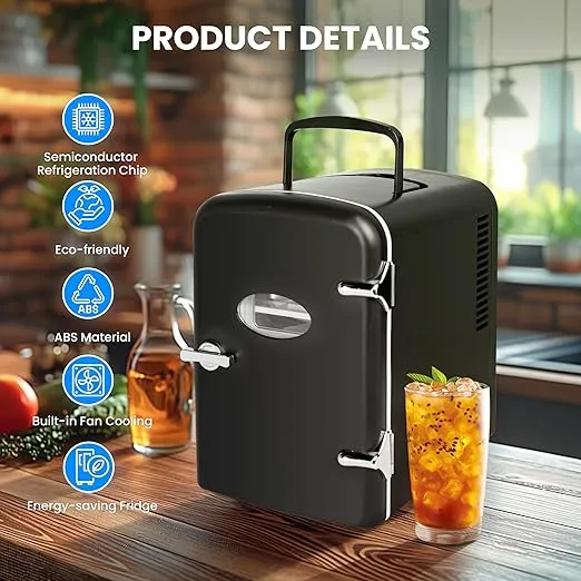 Simple Deluxe 4L Portable Mini Fridge Warmer and Cooler Six 12oz Cans Compact Refrigerator, 100% Freon-Free & Eco Friendly, 4 L, Black
