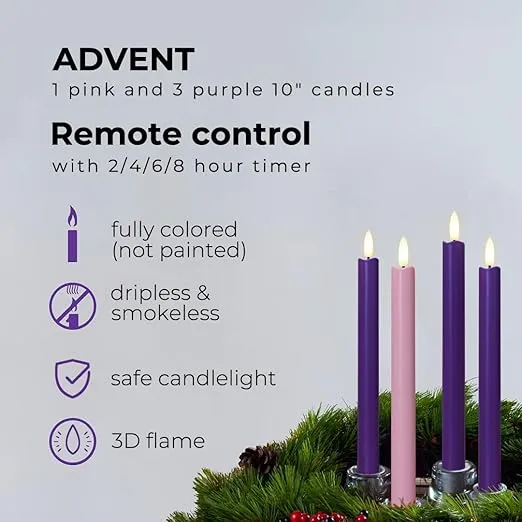 Flameless Advent Candles, Set of 4 - Flickering LED Flame, 10 Inch Taper Candlesticks, Remote Controlled, Purple and Pink Color for Christmas Wreath