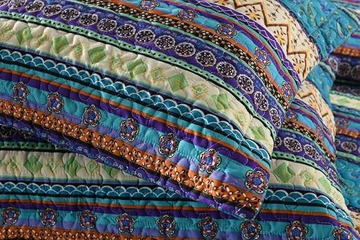 MarCielo 3 Piece Bohemian Quilt Bedspread Set (Blue, Queen)