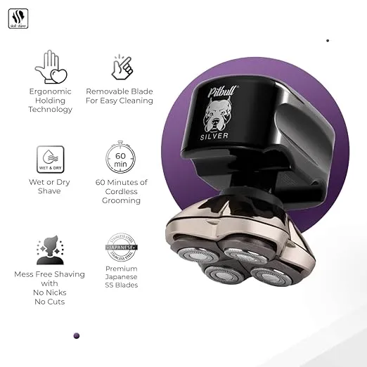 Skull Shaver Pitbull Silver PRO: Electric Head Shaver for Men, Wet & Dry Bald Head Shaver with Ergonomic Design - Perfect Grooming Gift Set for Your Husband