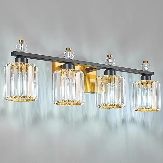 Bathroom Vanity Lights 4-Light Black Gold Modern Crystal Vanity Light Fixtures Over Mirror Crystal Bathroom Vanity Lighting Fixtures