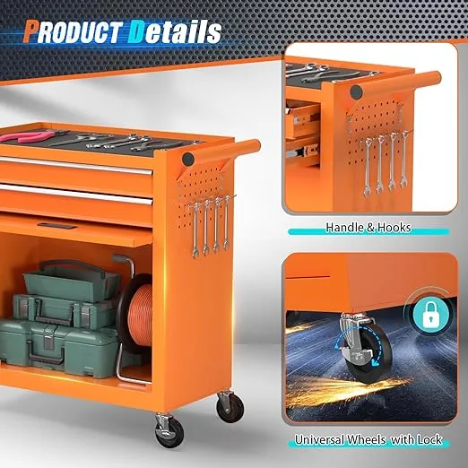 8-Drawer Tool Chest with Wheels, 2 in 1 Rolling Tool Box with Top Chests & Tool Cabinet, Storage Tool Chest with Locking System for Garage, Warehouse (Orange)